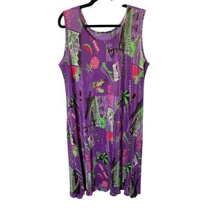 Vintage Fashion Code Tropical Dress Women L Purple Swim Coverup Micro Pleated